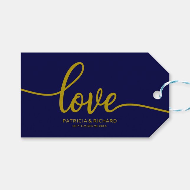 Étiquettes-cadeau Amour- Gold Marine Blue Calligraphie Mariage Faveu (Devant (Horizontal))