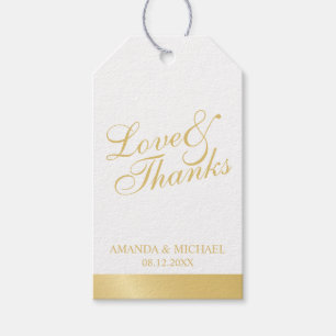 Étiquettes-cadeau 'Amour & Merci' Blanc & Or Elégant Mariage Faveur