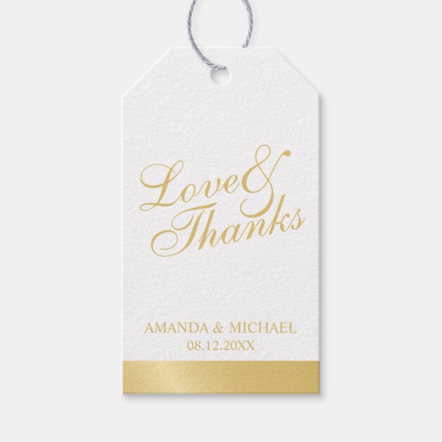 Étiquettes-cadeau 'Amour & Merci' Blanc & Or Elégant Mariage Faveur (Devant)
