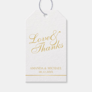 Étiquettes-cadeau 'Amour & Merci' Blanc & Or Elégant Mariage Faveur