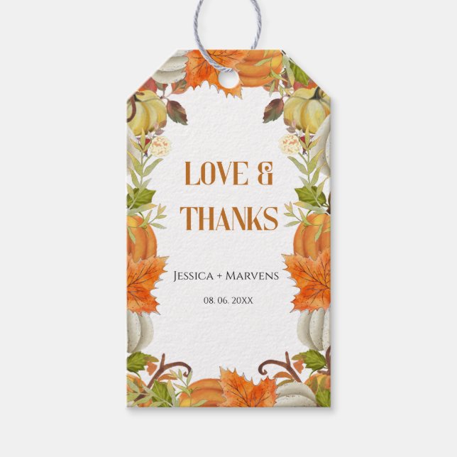 Étiquettes-cadeau Amour & merci citrouille mariage Automne (Devant)