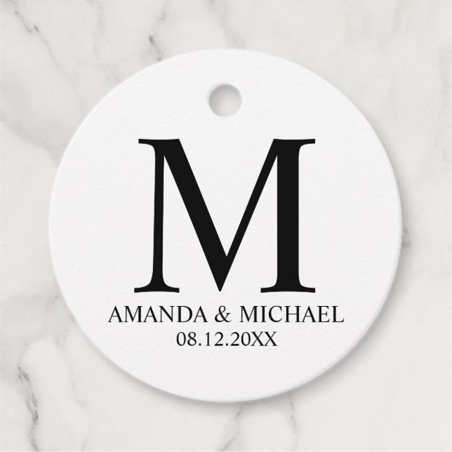 Étiquettes Cadeau 'Amour & Merci' Noir et Blanc Mariage élégant (Devant)