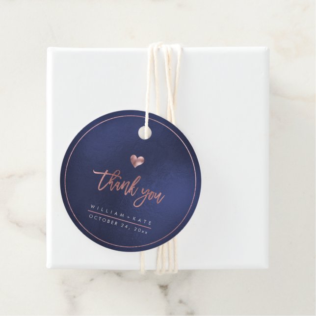 Étiquettes Cadeau Amour + Remerciements, Faux Or Rose+Iridescent Ble (En situation)