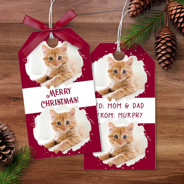 Étiquettes-cadeau Amoureux de les chats mignons Motif photo personna (Cute Cat Lovers Personalized Photo Pattern Red Gift Tags)