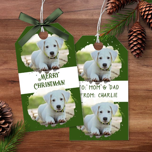 Étiquettes-cadeau Amoureux de les chiens mignons Motif photo personn (Cute Dog Lovers Personalized Photo Pattern Green Gift Tags)