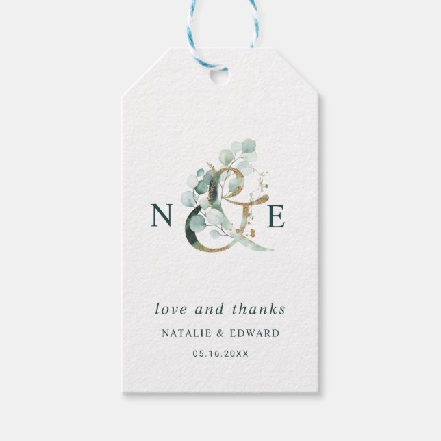 Étiquettes-cadeau Ampersand botanique Merci Mariage vert or (Devant)