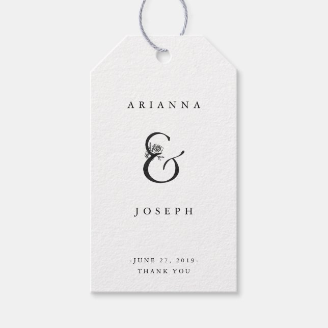 Étiquettes-cadeau Ampersand floral | Mariage noir et blanc (Devant)
