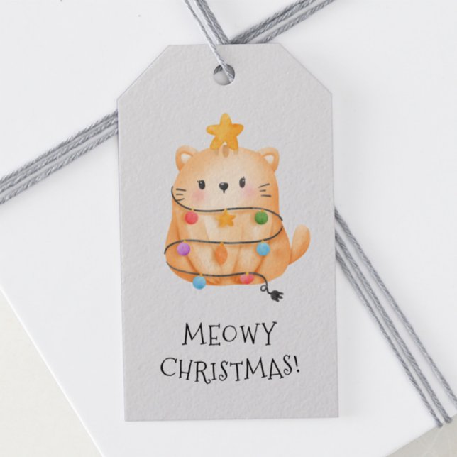 Étiquettes-cadeau Amusante Chat Meowy Feux de Noël Aquarelle (Créateur téléchargé)