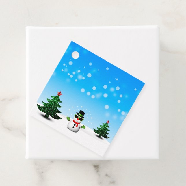 Étiquettes Cadeau Amusement cool Snowman Sparkly Noël Arbres bleus (En situation)