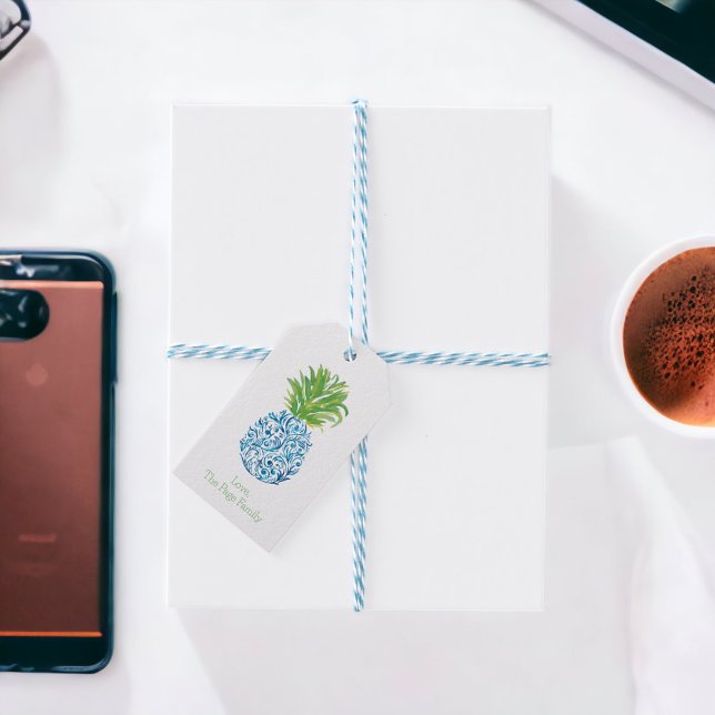 Étiquettes-cadeau Ananas Chinoiserie Bleu Blanc Personnalisé (Créateur téléchargé)