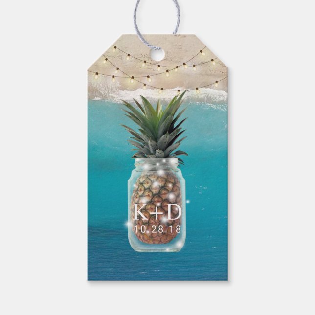 Étiquettes-cadeau Ananas Jar String Lights Tropical Beach Mariage (Devant)