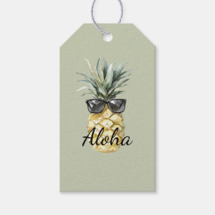 Étiquettes-cadeau Ananas tropical vert Aloha avec lunettes de soleil