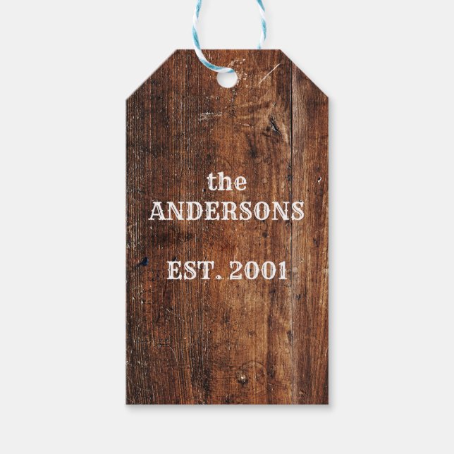 Étiquettes-cadeau Ancien nom de famille personnalisé en bois rustiqu (Devant)