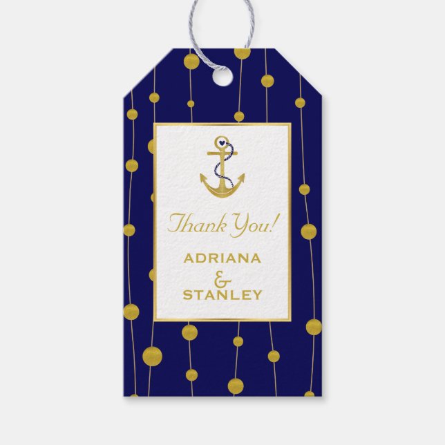 Étiquettes-cadeau Ancrage et perles en feuille d'or marine moderne (Devant)
