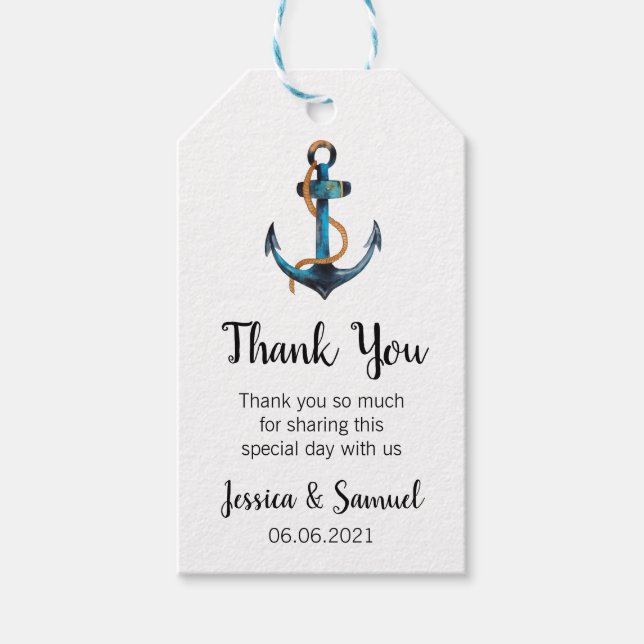 Étiquettes-cadeau Ancre aquarelle Merci Mariage nautique (Devant)