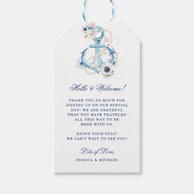 Étiquettes-cadeau Ancre Florale Bleu Stripes Plage Mariage Bienvenue (Devant)