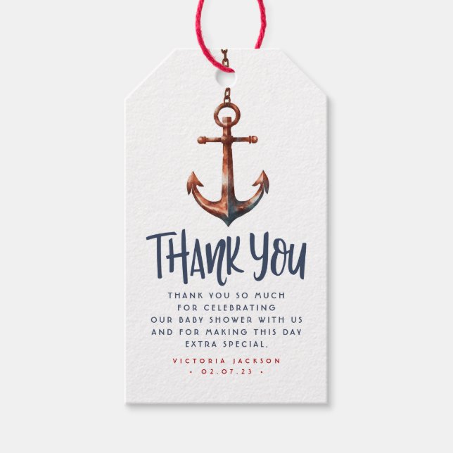 Étiquettes-cadeau Ancre Merci bleu marine et Baby shower rouge (Devant)