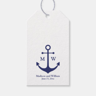 Étiquettes-cadeau Ancre nautique bleu marine blanc monogramme person