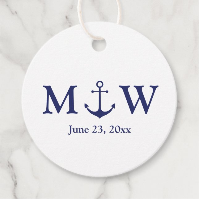 Étiquettes Cadeau ancre nautique mariage marine bleu blanc monogramm (Devant)