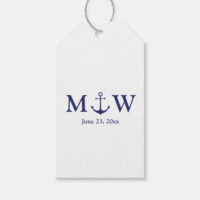 Étiquettes-cadeau ancre nautique mariage marine bleu blanc monogramm (Devant)
