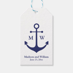 Étiquettes-cadeau Ancre nautique marine blanc monogramme personnalis