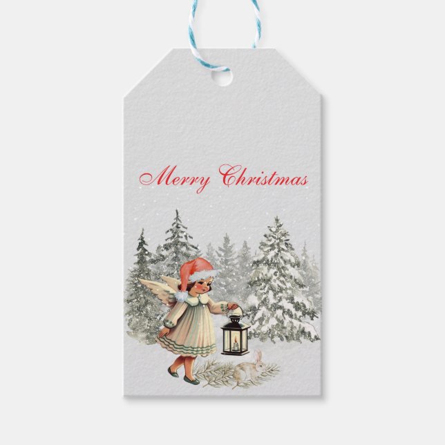 Étiquettes-cadeau Ange et lapin de Noël Vintage (Devant)