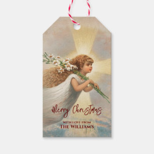 Étiquettes-cadeau Ange Vintage de Noël classique avec fleurs