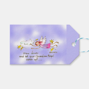 Étiquettes-cadeau Ange volant en violet, étoiles d'or dit ralentir 