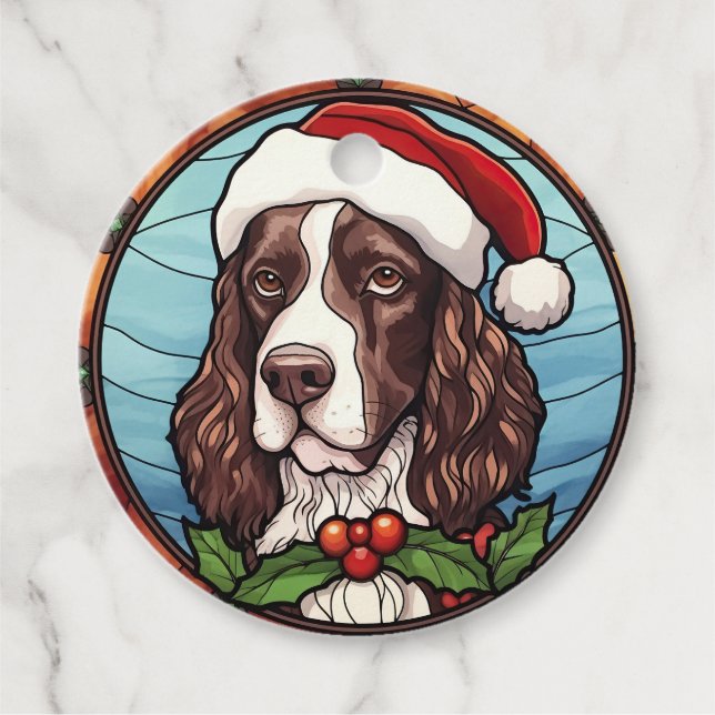 Étiquettes Cadeau Anglais Springer Spaniel Vitrail Noël (Devant)