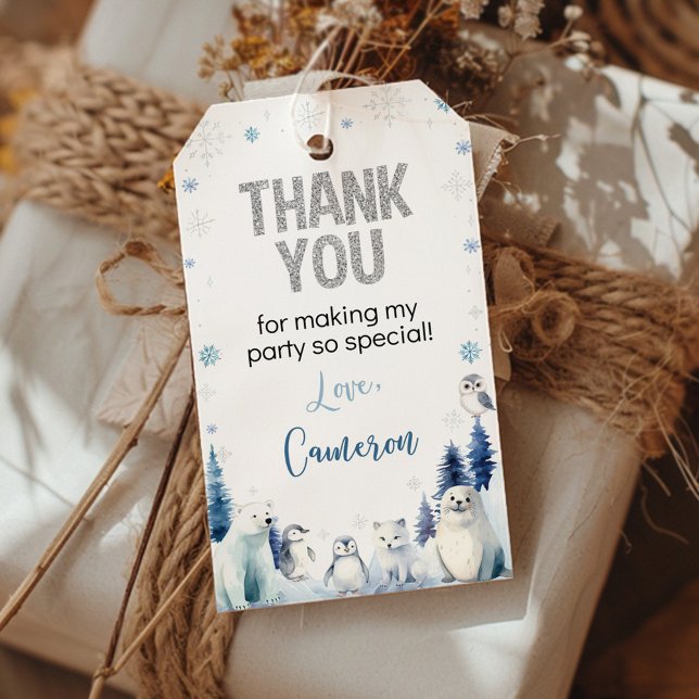 Étiquettes-cadeau Animaux arctiques bleus Merci pour un joyeux anniv (Créateur téléchargé)