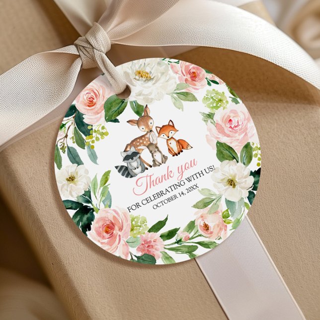 Étiquettes Cadeau Animaux de bois et Baby shower de fleurs roses (Créateur téléchargé)