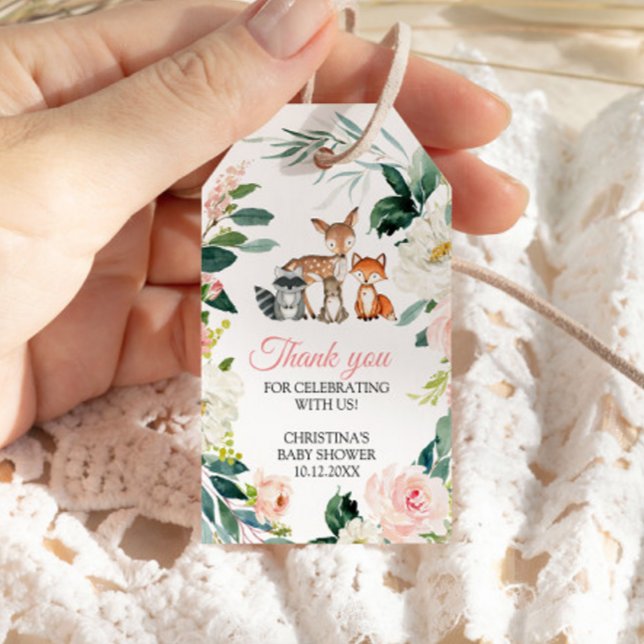 Étiquettes-cadeau Animaux de bois et Baby shower de fleurs roses (Créateur téléchargé)