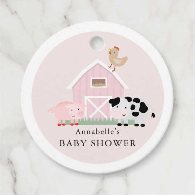 Étiquettes Cadeau Animaux de ferme Barnyard Baby shower rose Merci (Devant)