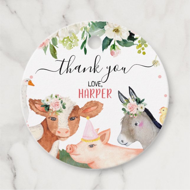 Étiquettes Cadeau Animaux de ferme floraux roses Anniversaire Merci (Devant)