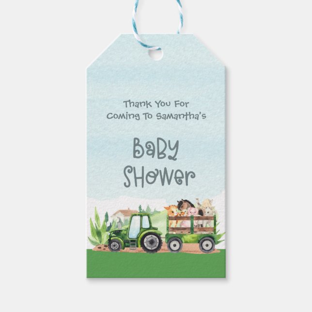 Étiquettes-cadeau Animaux de ferme Tracteur vert Garçons Baby shower (Devant)