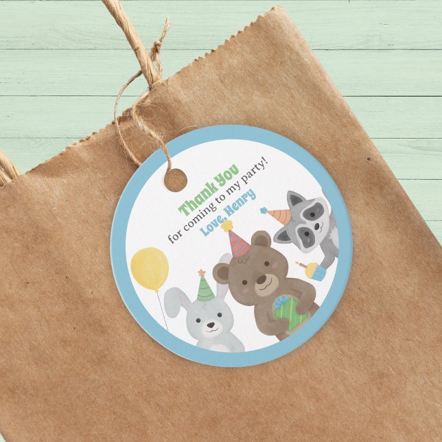 Étiquettes Cadeau Animaux de fête d'anniversaire (Forest Friends party favor tag. A circular tag to attach to gifts. Cute party animals & custom text)