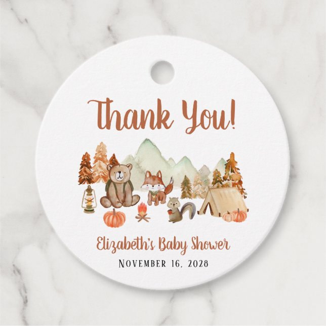 Étiquettes Cadeau Animaux des bois Baby shower d'automne Merci (Devant)