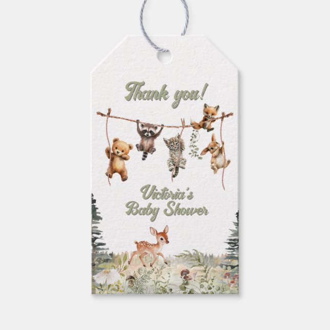 Étiquettes-cadeau Animaux des bois Clothesline Baby shower forestier (Devant)