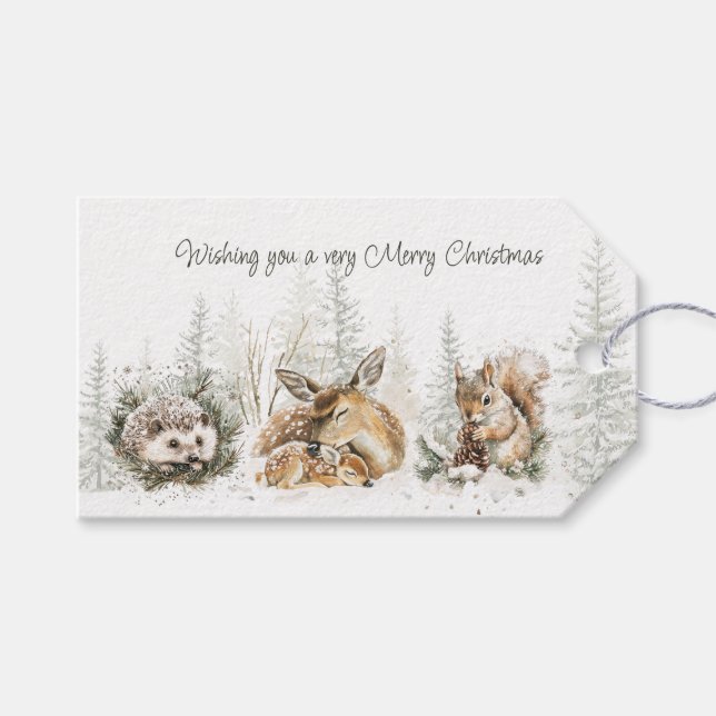 Étiquettes-cadeau Animaux Forêt Hiver Noël (Devant (Horizontal))