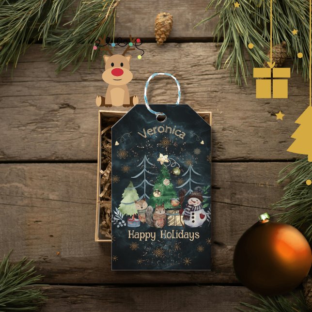 Étiquettes-cadeau Animaux naturels personnalisés Noël bleu (Personalized Woodland Animals Christmas Blue Gift Tags)