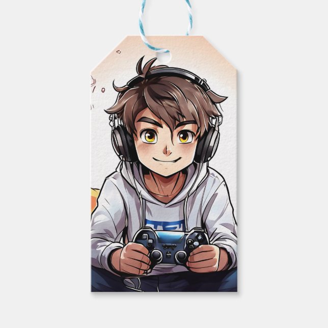 Étiquettes-cadeau Anime Boy Jouer aux jeux vidéo Anniversaire (Devant)