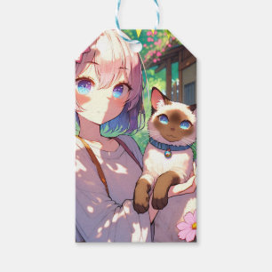 Étiquettes-cadeau Anime Girl and Siamese Chat à et de l'anniversaire