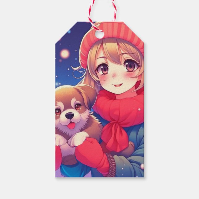 Étiquettes-cadeau Anime Girl with Puppy Christmas (Devant)