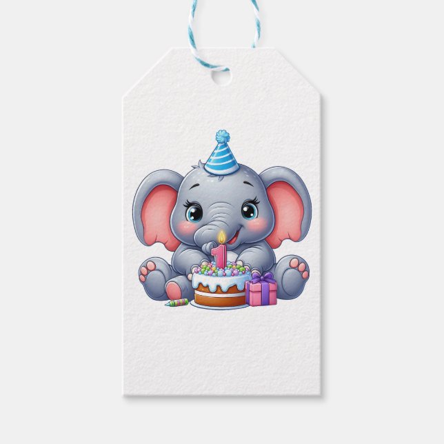 Étiquettes-cadeau Anniversaire 1 an Éléphant Bébé (Devant)