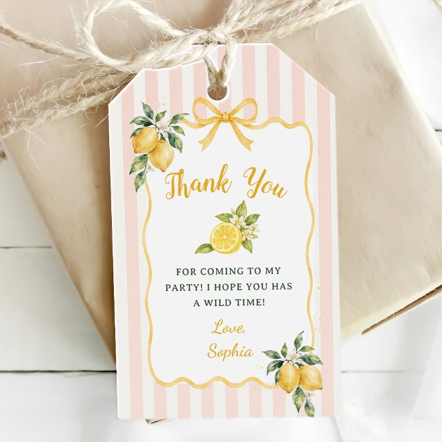 Étiquettes-cadeau Anniversaire 1 an Thème Citron Rose Gingham (Créateur téléchargé)