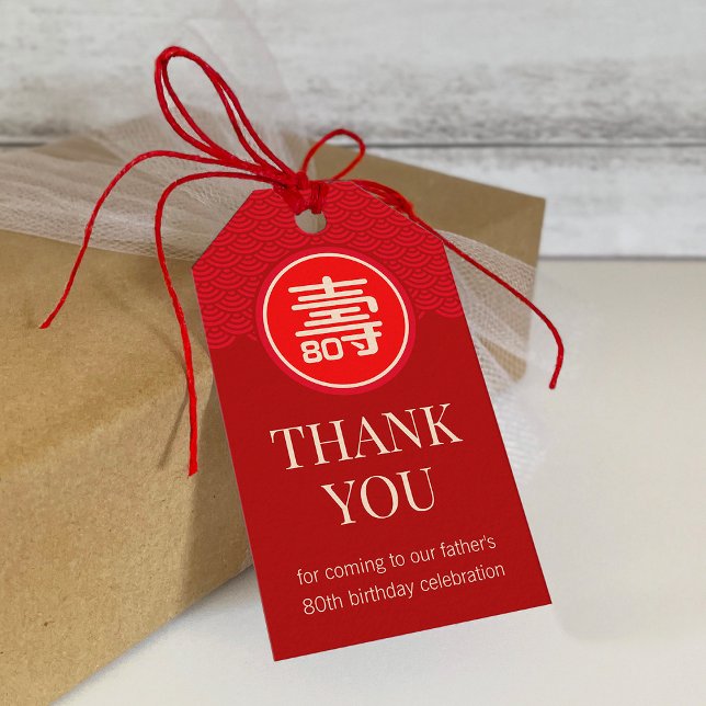 Étiquettes-cadeau Anniversaire chinois de "longévité" (RED) (Créateur téléchargé)