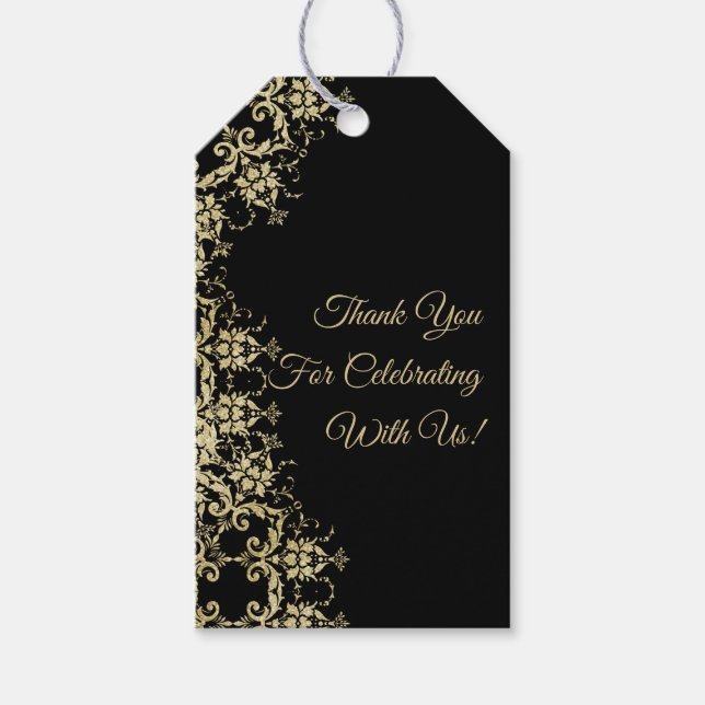 Étiquettes-cadeau Anniversaire Classy Gold & Black Damask (Devant)