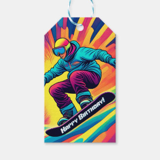 Étiquettes-cadeau Anniversaire d'ado snowboardeur psychédélique groo