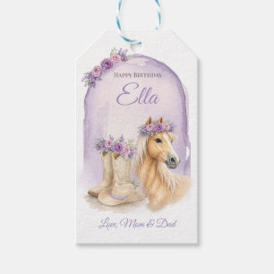 Étiquettes-cadeau Anniversaire de cheval floral violet pour filles