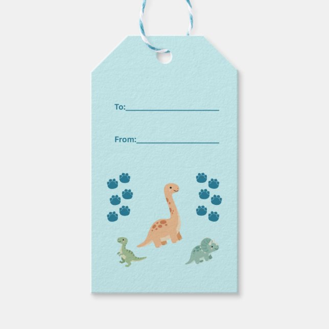 Étiquettes-cadeau Anniversaire de dinosaure mignon bleu clair (Devant)